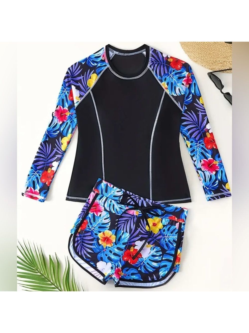 2pc Floral Tropical Print Long Sleeve Rash Guard Short Swim Set - Picture 3 of 8
